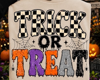 Camiseta de Halloween "Doces ou Travessuras" em PNG, Design de Camiseta de Halloween, Sublimação Assustadora de Halloween, Design de Camiseta Retrô, Estampas para Camiseta de Halloween