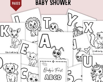 Atividade de colorir o alfabeto para chá de bebê, livro de colorir com animais do alfabeto, jogo divertido para chá de bebê, livro do alfabeto em branco, placa imprimível para o primeiro livro do alfabeto do bebê