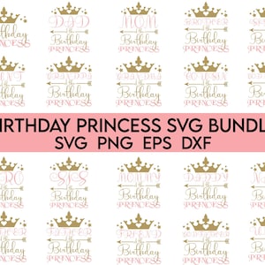 バースデー プリンセス SVG バンドル、バースデー プリンセスのお母さん、バースデー プリンセスのお父さん、バースデー パーティー シャツ、お揃いのバースデー T シャツ
