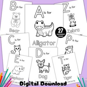 May include: A collection of black and white alphabet coloring pages featuring animals like an alligator, bear, zebra, cat, elephant, dog, and tiger. Each page includes a large letter, the text is for, the animal name, and a space to color it with love by.