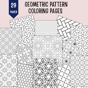 Può includere: Una raccolta di 29 pagine da colorare con motivi geometrici che presentano vari disegni in bianco e nero, tra cui stelle, cerchi, motivi floreali e forme intrecciate. Il testo 29 PAGES GEOMETRIC PATTERN COLORING PAGES è visibile in alto.