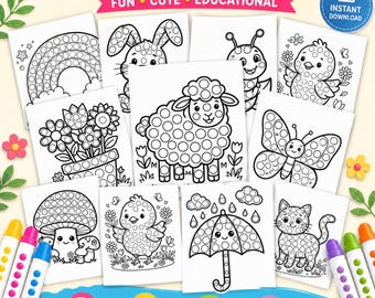 春のドットマーカーぬりえ（子供向け）、ドットアクティビティ、ドットマーカーページ、幼児向けアートアクティビティ、印刷可能なドットステッカー