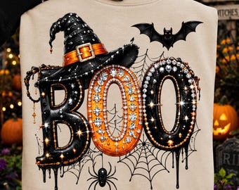 Halloween Boo Rhinestone Shirt Png, Gothic Glam Halloween Png, Sparkle Boo Shirt Design, Witch Hat Pumpkin Png, Bat Spider Web Clipart