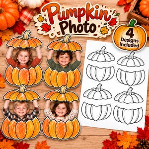 Op de afbeelding: Een digitale printbare set getiteld Pumpkin Photo met vier oranje pompoenvormige kaders voor kinderen, plus een vel met vier zwart-wit lijntekeningen van pompoenen. De set bevat vier verschillende pompoen-fotorekwisieten voor gebruik.