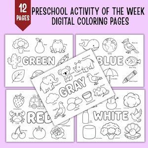 May include: A set of 12 digital coloring pages featuring preschool activities. The pages display black and white line art illustrations categorized by color, including Green, Blue, Gray, Red, and White, with labeled items like broccoli, whale, elephant, strawberry, and milk bottle.