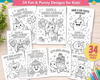 ハッピーバースデーぬりえカード | かわいいぬりえカード34枚 | 子供向けバースデーカードPDF | パーティーぬりえカード即時ダウンロード