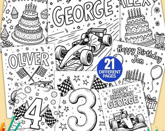 パーソナライズされたレーシングカーの誕生日ぬりえ、編集可能な車の誕生日ぬりえブック、楽しいおうちアクティビティ、誕生日ぬりえブックの名前