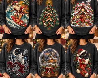 Pacote com 6 imagens PNG para camisetas de Natal: sublimação natalina vintage, Papai Noel surfando, árvore de Natal, lobo de inverno, estampas natalinas de gato preto.