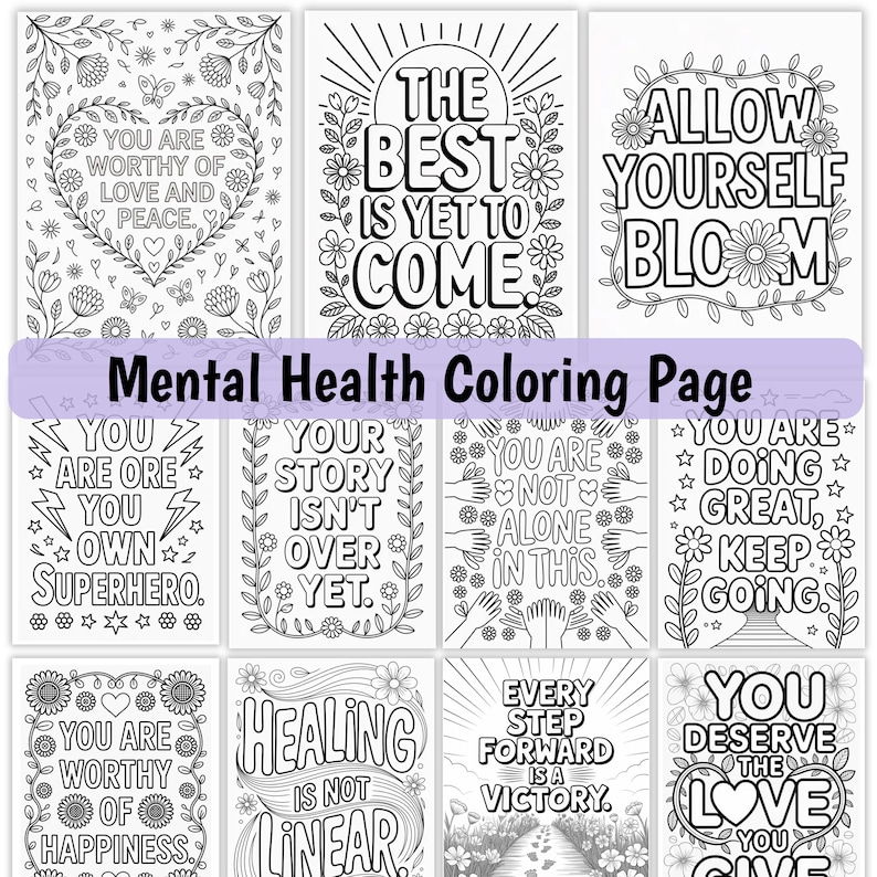 Pagine da colorare sulla salute mentale, citazioni motivazionali da colorare, libro da colorare ispiratore e positivo, attività motivazionale per adulti immagine 2