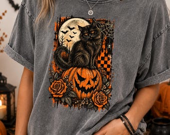 Halloween Black Cat Shirt Png, Gothic Cat Halloween Shirt Design, Spooky Pumpkin Png, Black Cat Sublimation, Digital Download
