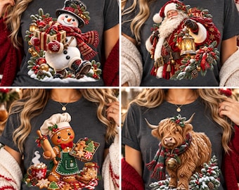 06 Vintage Christmas Shirts PNG Bundle, Santa Christmas PNG, Snowman Christmas PNG, Gingerbread Christmas Png, Highland Cow Christmas Png