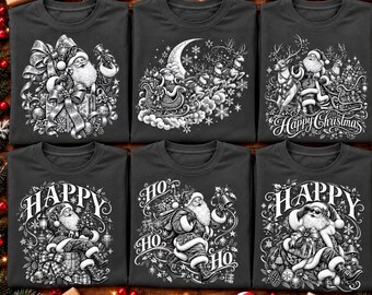 Paquete de 6 imágenes PNG de camisetas vintage de Papá Noel, diseños de camisetas navideñas, imágenes PNG de Papá Noel retro, sublimación navideña, imágenes PNG de camisetas navideñas vintage