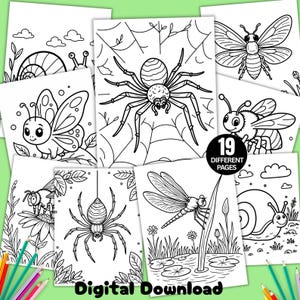 May include: A collection of black and white coloring pages featuring various insects and arachnids including spiders, butterflies, bees, dragonflies, and snails. A circular black badge with white text reads 19 DIFFERENT PAGES and Digital Download.