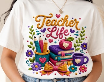 PNG « Vie d'enseignante mignonne », PNG « Enseignante brodée », écusson chenille, motif scolaire appliqué, graphisme pour chemise d'enseignante, téléchargement numérique