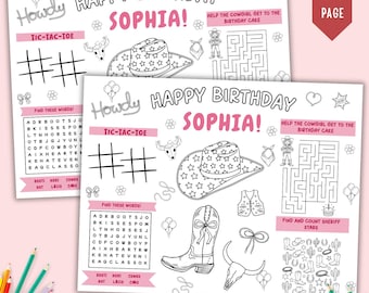 Pink Cowgirl Birthday Activity Sheet, Western Birthday Coloring Page, Yeehaw Party Games Printable, Kids Party Activity, Digital Download