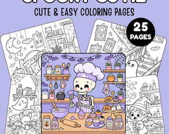 25 pages de coloriage d'Halloween, livre de coloriage mignon et effrayant, créatures kawaii et terrifiantes, coloriages pour enfants, activité de coloriage numérique