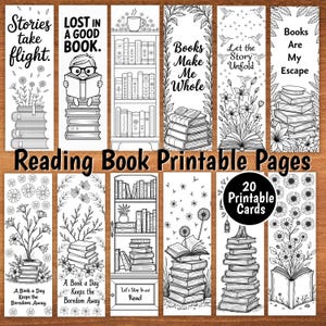 Puede incluir: Un conjunto de 20 tarjetas de marcapáginas imprimibles con ilustraciones en blanco y negro. Los marcapáginas presentan citas como "Las historias se elevan" y "Los libros son mi escape", junto con imágenes de libros, flores y estanterías. También está presente el texto "Reading Book Printable Pages".