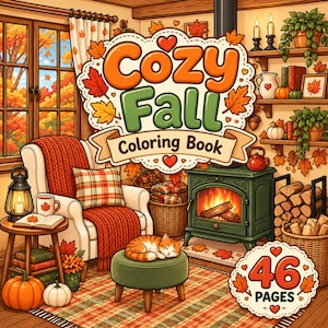 Puede incluir: Un libro para colorear titulado Cozy Fall Coloring Book con 46 páginas, que muestra una ilustración de una habitación acogedora con chimenea, un gato durmiendo en un taburete verde, un sillón a cuadros, una linterna, calabazas y hojas.