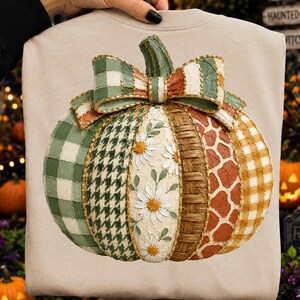 May include: A beige sweatshirt featuring a large, textured pumpkin graphic. The pumpkin is divided into vertical segments with various patterns including green gingham, houndstooth, white daisies, woven brown texture, and orange giraffe print.