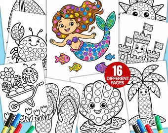 夏のドットマーカーぬりえ、夏のドットマーカー印刷可能セット、幼児と未就学児向けPDFドットステッカーアクティビティ、ドットアクティビティ