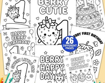 ベリーの1歳の誕生日ぬり絵、ベリーのスイートワンのパーソナライズ誕生日ぬり絵、イチゴの1歳の誕生日パーティーの記念品、プレースマット