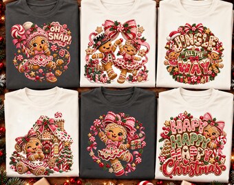 06 Christmas Gingerbread Shirts PNG Bundle, Coquette Bow Christmas Png, Gingerbread Girl PNG, Cute Christmas Shirt PNG, Holiday Sublimation