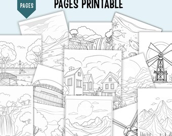 Páginas para colorear de paisajes acogedores, paisajes apacibles imprimibles, arte natural relajante para niños y adultos, descarga digital