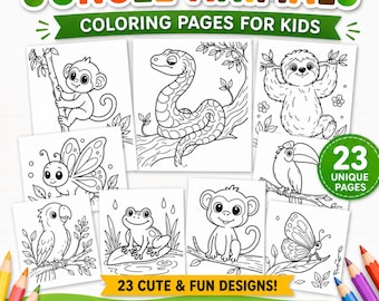 熱帯雨林の動物の塗り絵、子供向け印刷可能アクティビティ、楽しい印刷可能な塗り絵、子供向け塗り絵2026、学校アクティビティ