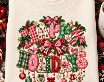 Christmas Shirt PNG, Coquette Bow Christmas PNG, Happy Holidays PNG, Plaid Christmas Shirt Design, Pink Christmas Sublimation, Holiday Png