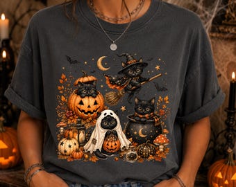 Halloween Black Cat PNG, Witch Cat PNG, Cute Spooky Cat Graphic, Pumpkin Halloween PNG, Vintage Fall Halloween Design, Digital Download