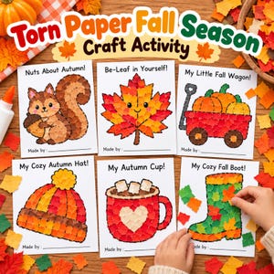 Op de afbeelding: Zes vierkante knutselvellen met de titel Torn Paper Fall Season, met afbeeldingen van een eekhoorn, een blad, een wagen met pompoenen, een muts, een beker en een laars, gevuld met kleine stukjes gescheurd papier.