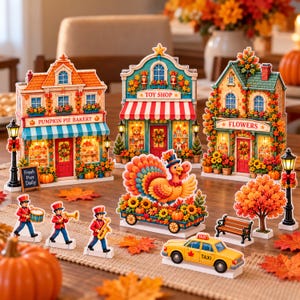 May include: A set of decorative tabletop cutouts featuring a Pumpkin Pie Bakery, a Toy Shop, and a Flower shop, accompanied by a turkey on a cart, a yellow taxi, three marching band figures, a park bench, a tree, and two street lamps.