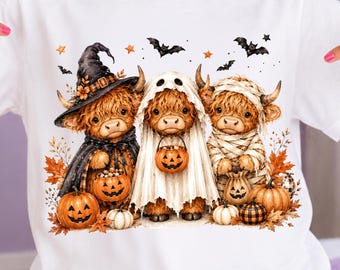 Vaca de las Tierras Altas de Halloween PNG, Vaca fantasma linda PNG, Vaca bruja de las Tierras Altas PNG, Gráfico de calabaza espeluznante de otoño, Diseño de camiseta de otoño, Descarga digital