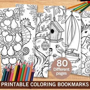 Puede incluir: Conjunto de marcapáginas para colorear imprimibles con diversos diseños: manzanas, peras, un caballito de mar, pájaros, una casa para pájaros, un velero y un unicornio. La imagen incluye lápices de colores y el texto «80 páginas diferentes» y «Marcapáginas para colorear imprimibles».