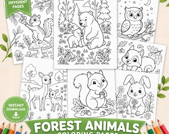 森の動物の塗り絵、森の塗り絵、かわいいファンタジーの塗り絵、心地よい自然の塗り絵PDF、かわいい森の塗り絵