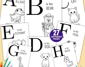 印刷可能なABC動物ぬりえブック、楽しいベビーシャワーゲーム、記念ギフトPDF、ABCぬりえベビーシャワーアクティビティ、印刷可能な赤ちゃんの最初の本