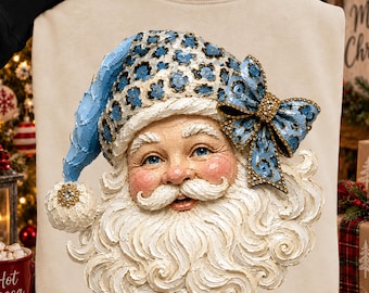 Christmas Santa Claus Shirt Png, Vintage Santa Design, Rustic Santa Head, Blue Hat Christmas Graphic, Holiday Craft Png, Oil Airbrushed Png