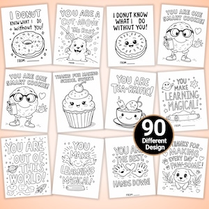 Pode incluir: Uma coleção de 12 cartões de felicitações a preto e branco com vários desenhos e frases. Os cartões apresentam ilustrações de um donut, biscoito, cupcake e outros personagens fofos. O texto inclui "I donut know what I do without you!" e "You are one smart cookie!"