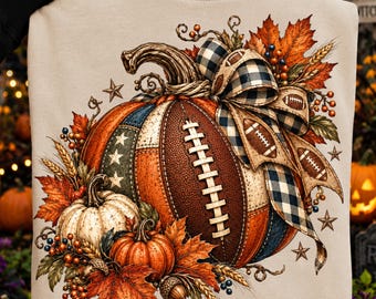 T-shirt de football avec citrouille (PNG), design de t-shirt de football d'automne, illustration de football pour Thanksgiving, sublimation pour la récolte d'automne, image PNG de football vintage