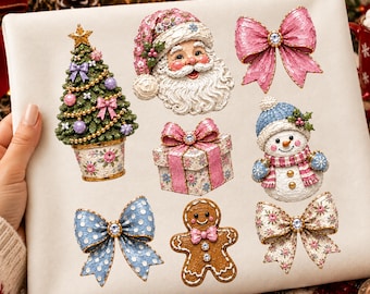 T-shirt de Noël (PNG), Père Noël rose, bonhomme de neige, nœud en pain d'épice et sapin (PNG), graphismes de Noël pastel vintage, bricolage de Noël (PNG), effet aérographe à l'huile (PNG)