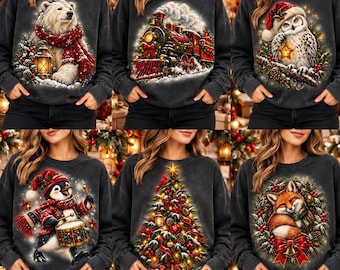 Pacote com 6 camisetas de Natal com animais em PNG: Camiseta de Natal com animais de inverno em PNG, Urso Polar em PNG, Trem em PNG, Coruja em PNG, Pinguim em PNG, Raposa em PNG