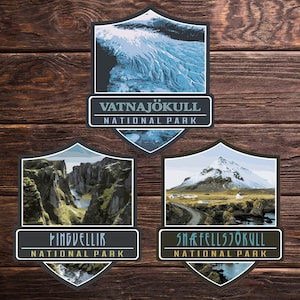 Pacchetto adesivi Parchi nazionali ISLANDA offerta BUNDLE (x3) [UE] - Collezione di adesivi per viaggi avventurosi / Europa
