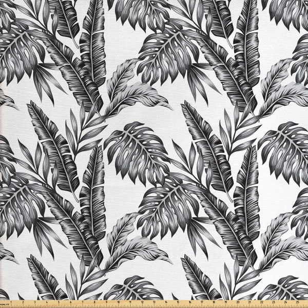 Abakuhaus Jungle Fabric by Meter Monochrome Tropical Plants Palm Monstera Banana Leaves Island Nature Theme Black Grey White