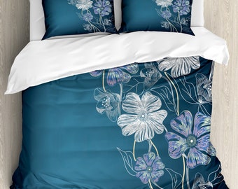 Set da letto artistico, tema anniversario giardino nuziale fantasy di fiori di ciliegio disegnato a mano, lavanda blu benzina