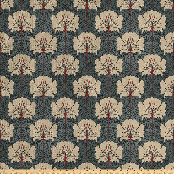 Abakuhaus Floral Fabric by Meter Jugendstil Romantische Mohnblumen und verschnörkeltes Natur Design Tan Grau Zinnoberrot