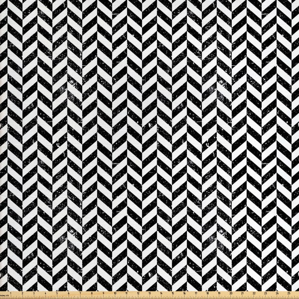 Abakuhaus Chevron Stoff als Meterware Vintage Chevron Zickzack Wellenlinien mit Grunge-Effekt Weathered Look Print Schwarz und Weiß