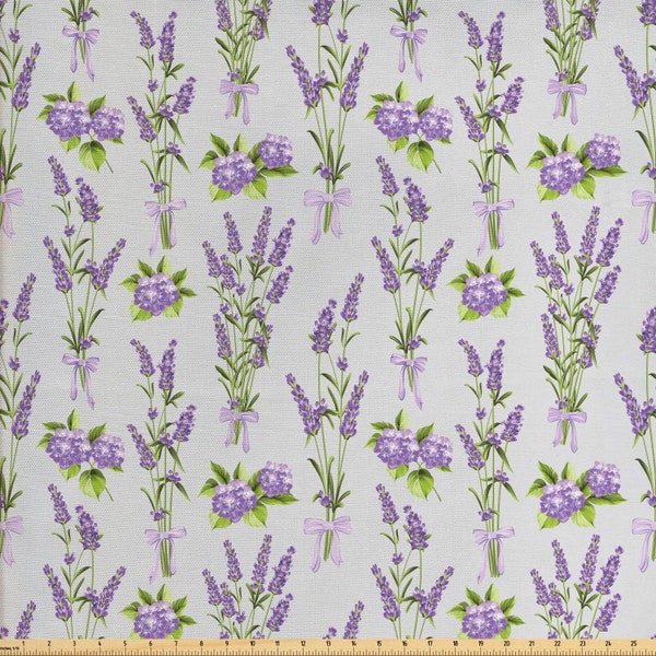 Abakuhaus Garden Fabric by Meter Botanical Bouquets of Lavender and Hydrangea Flowers Bridal Spring Pale Grey Lavender Green
