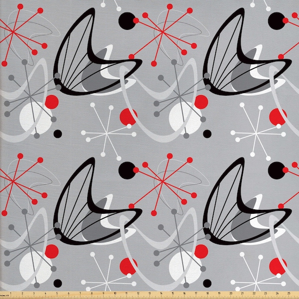 Abakuhaus Mid Century Fabric by Meter Scientific Inspirations in Fifties Art Design with Abstract Shapes Black Grey and Red