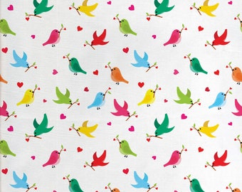Love Fabric par mètre motif avec des oiseaux volants. les branches du cœur portent l’amour inspiré de la Saint-Valentin imprimé multicolore