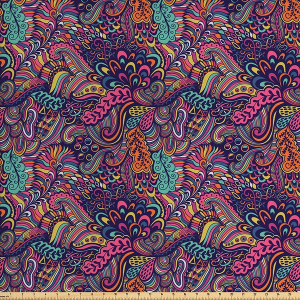 Abakuhaus Psychedelic Fabric by Meter Exotische Komposition in lebhaften Farben Wirbelnde Blätter und Blütenblätter Funky Seaweed Multicolor